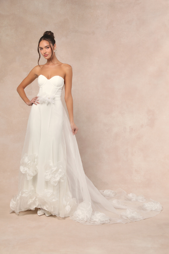 Ivory Strapless Dress - Overlay Maxi Dress - 3D Floral Gown