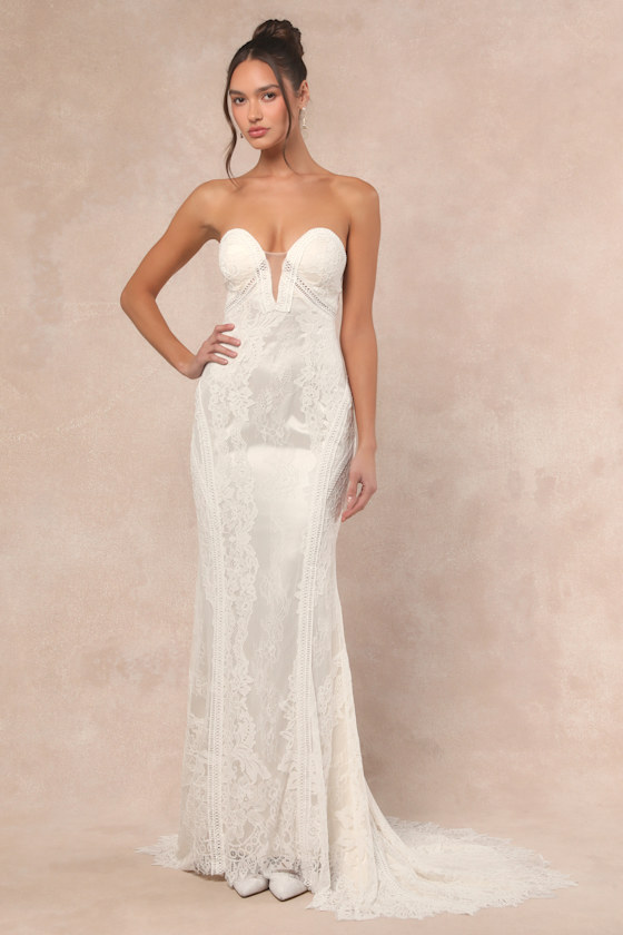 Lulus Lovita White Lace Strapless Mermaid Maxi Dress In White