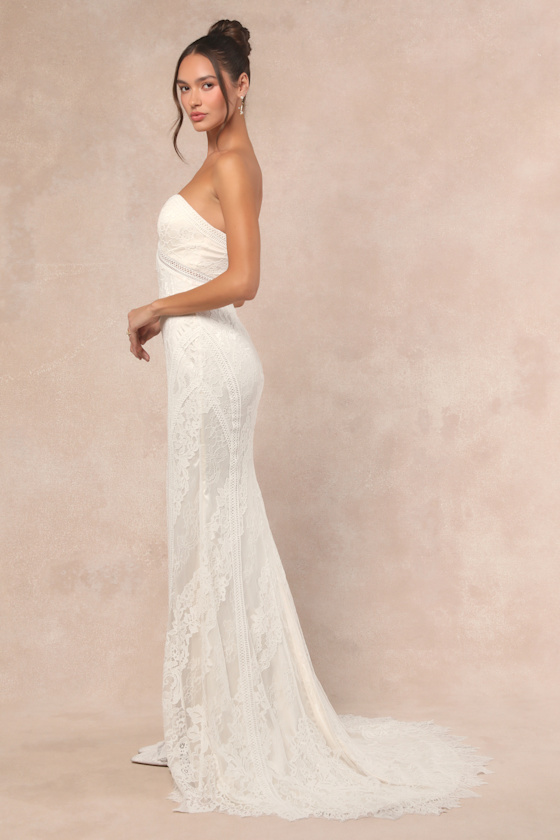 Lulus Lovita White Lace Strapless Mermaid Maxi Dress In White