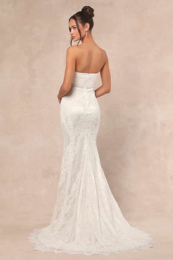 Lulus Lovita White Lace Strapless Mermaid Maxi Dress In White
