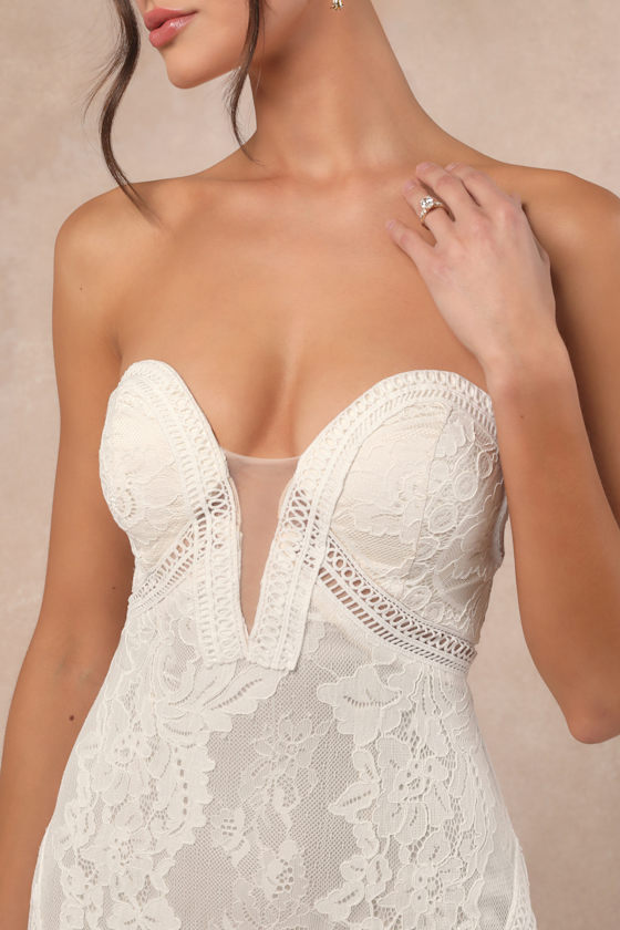 Lulus Lovita White Lace Strapless Mermaid Maxi Dress In White