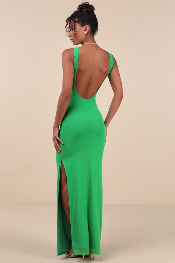 Lulus Karise Green Mesh Ruched Backless Maxi Dress In Green
