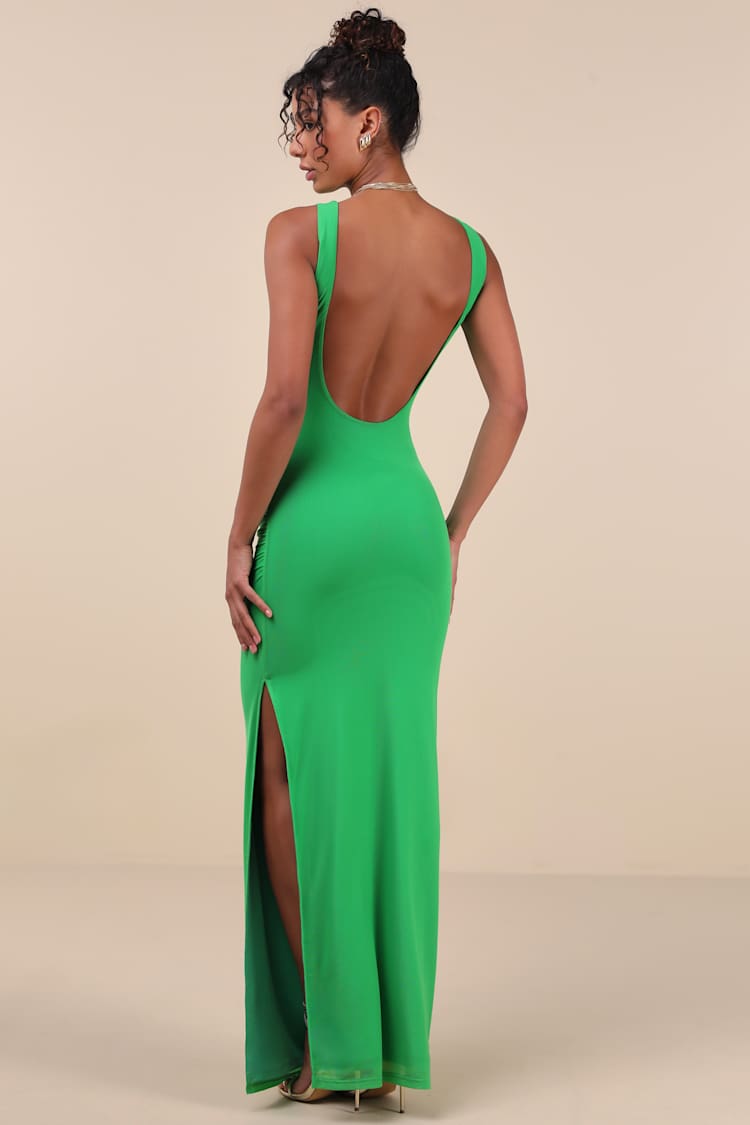 Green Sleeveless Dress - Mesh Ruched Dress - Backless Maxi Dress