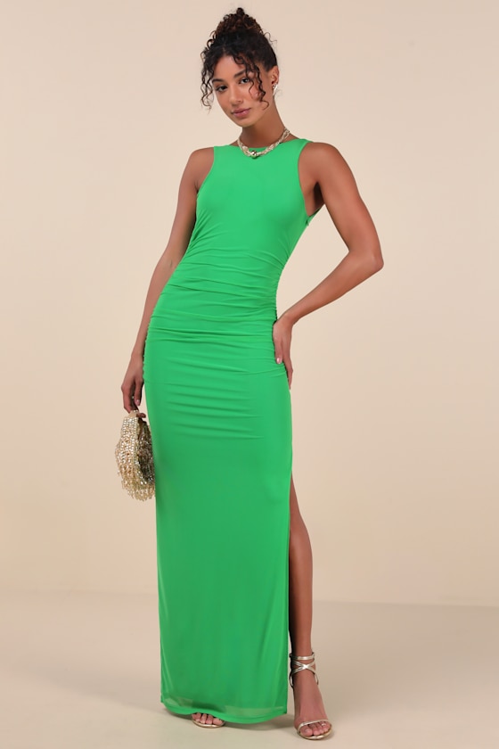 Lulus Karise Green Mesh Ruched Backless Maxi Dress In Green