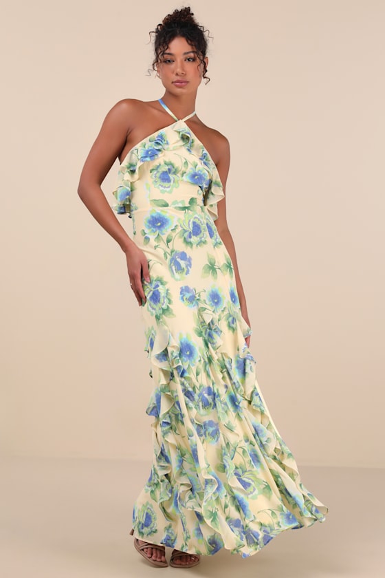 Yellow Floral Maxi Dress - Ruffled Maxi Dress - Halter Maxi Dress - Lulus