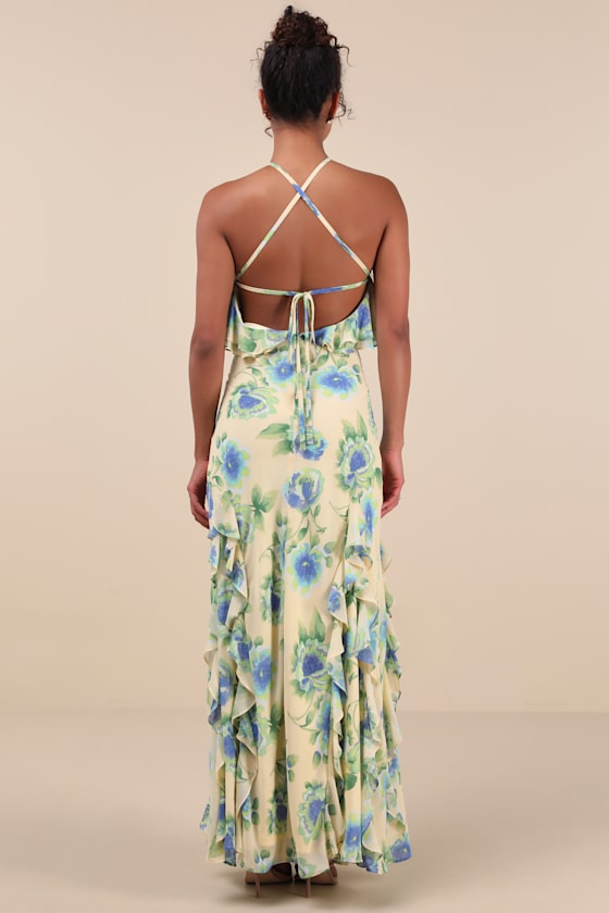 Yellow Floral Maxi Dress - Ruffled Maxi Dress - Halter Maxi Dress - Lulus