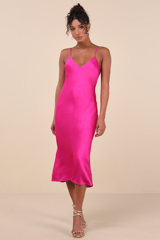 Lulus Katrien Fuchsia Textured Satin Backless Midi Slip Dress In Fuchsia