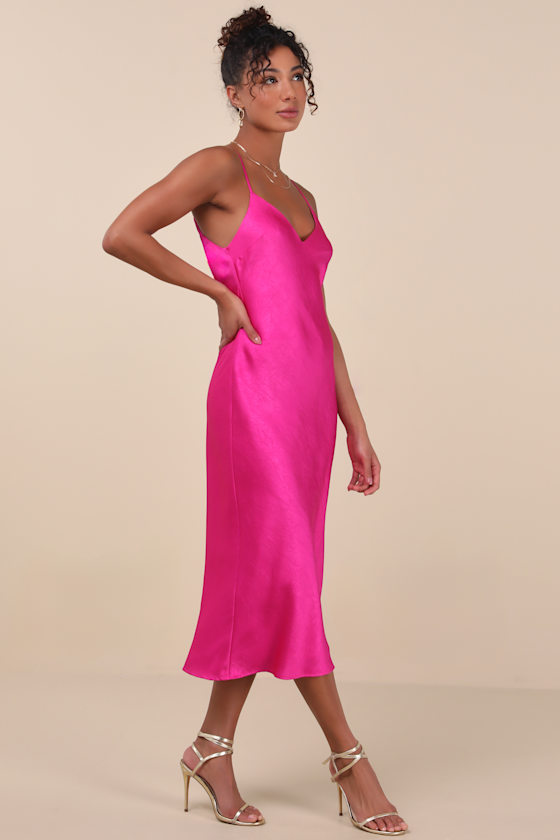 Lulus Katrien Fuchsia Textured Satin Backless Midi Slip Dress In Fuchsia