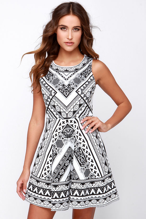 Pretty Black and Ivory Dress Skater Dress Mirror Print Dress 49.