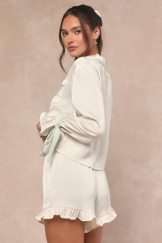 Kelda Ivory and Mint Satin Embroidered Two-Piece Pajama Set - thumbnail 2