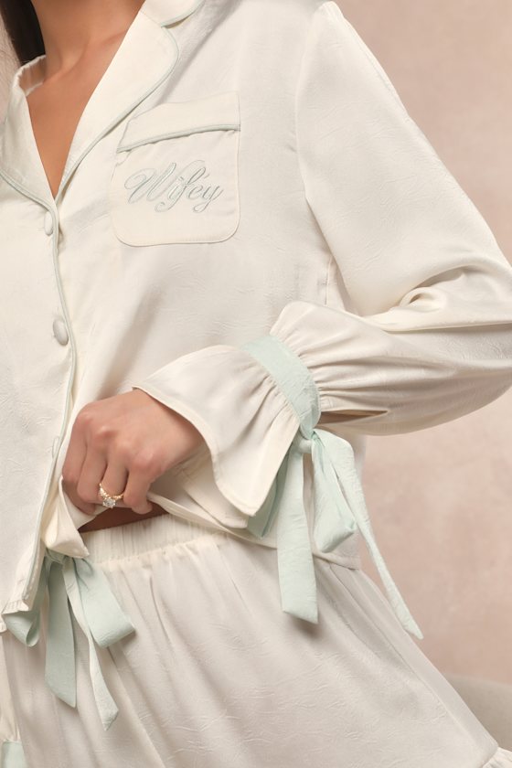 Kelda Ivory and Mint Satin Embroidered Two-Piece Pajama Set - thumbnail 5