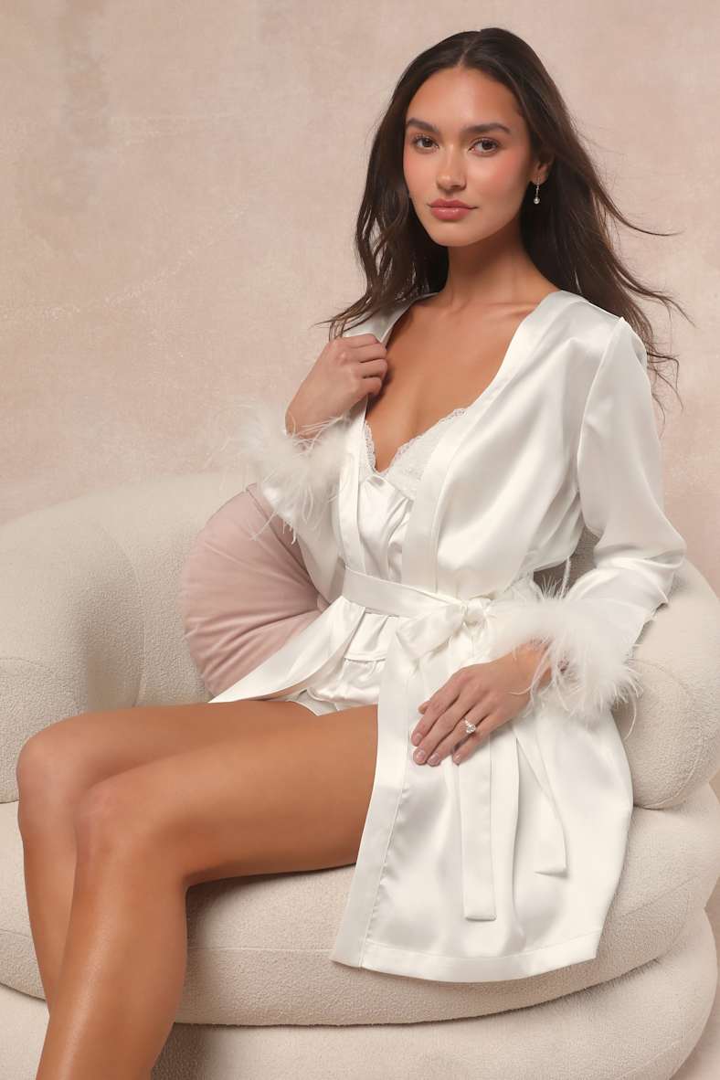 Kamili Ivory Satin Feather Robe