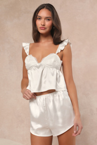 Keona Ivory Satin Lace Ruffled Two-Piece Pajama Set 1