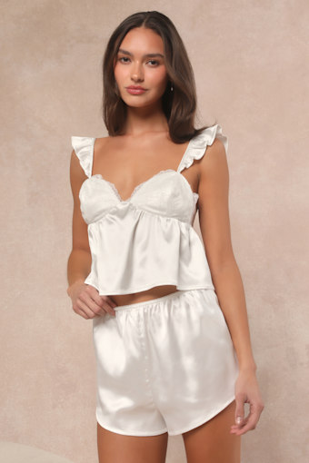 Keona Ivory Satin Lace Ruffled Two-Piece Pajama Set 1