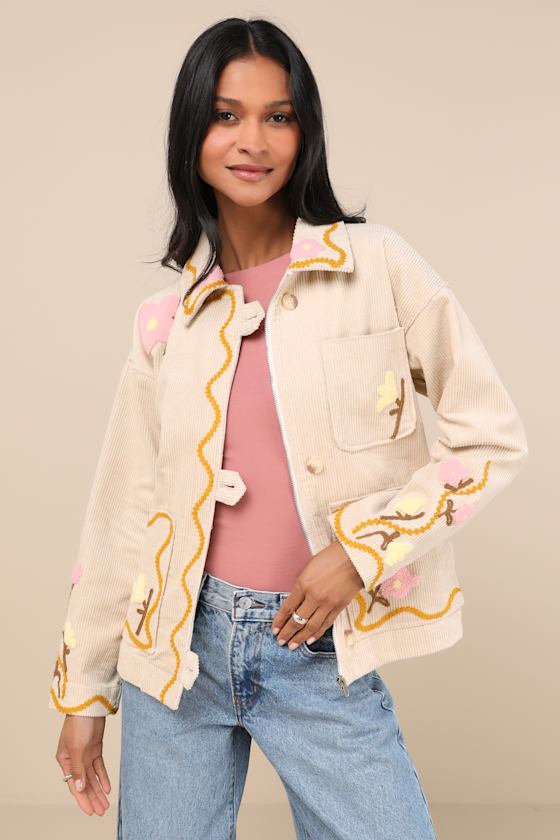 LULUS KERRA BEIGE MULTI CORDUROY EMBROIDERED COLLARED JACKET