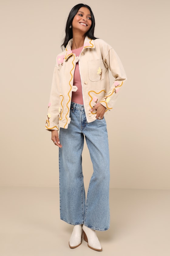 LULUS KERRA BEIGE MULTI CORDUROY EMBROIDERED COLLARED JACKET