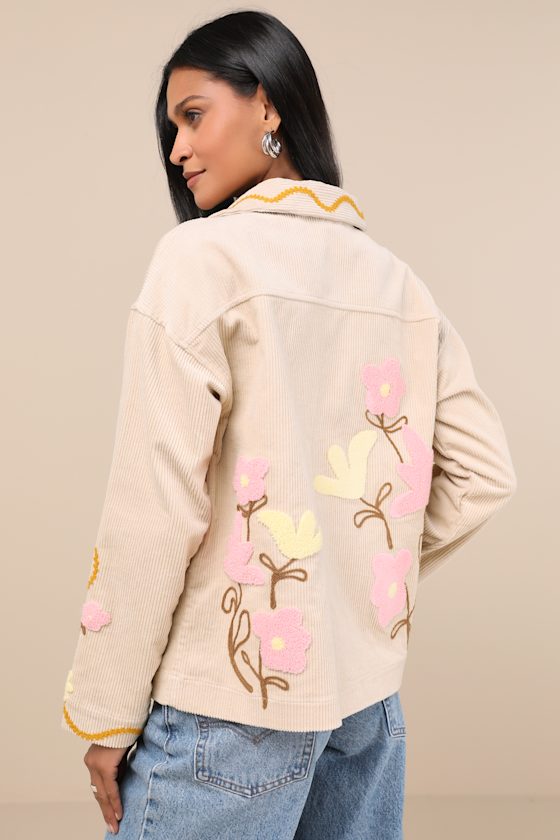 LULUS KERRA BEIGE MULTI CORDUROY EMBROIDERED COLLARED JACKET
