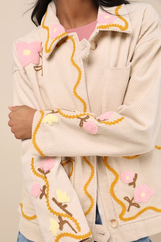 LULUS KERRA BEIGE MULTI CORDUROY EMBROIDERED COLLARED JACKET