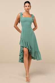 Tamryn Dark Sage Asymmetrical Ruffled Midi Dress