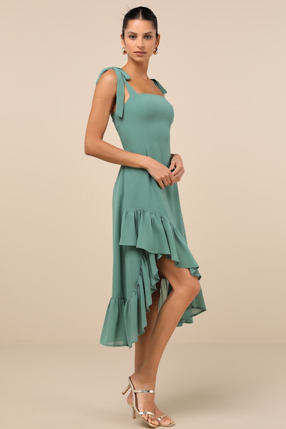 Lulus Tamryn Dark Sage Asymmetrical Ruffled Midi Dress In Green