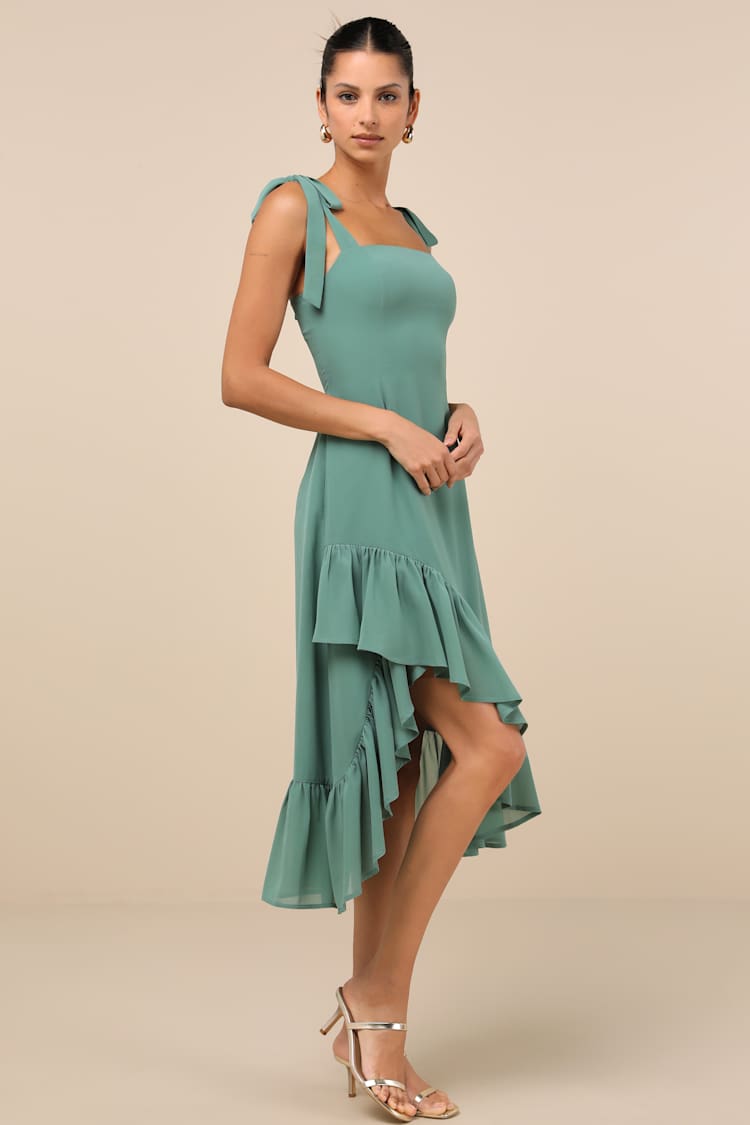 Tamryn Dark Sage Asymmetrical Ruffled Midi Dress