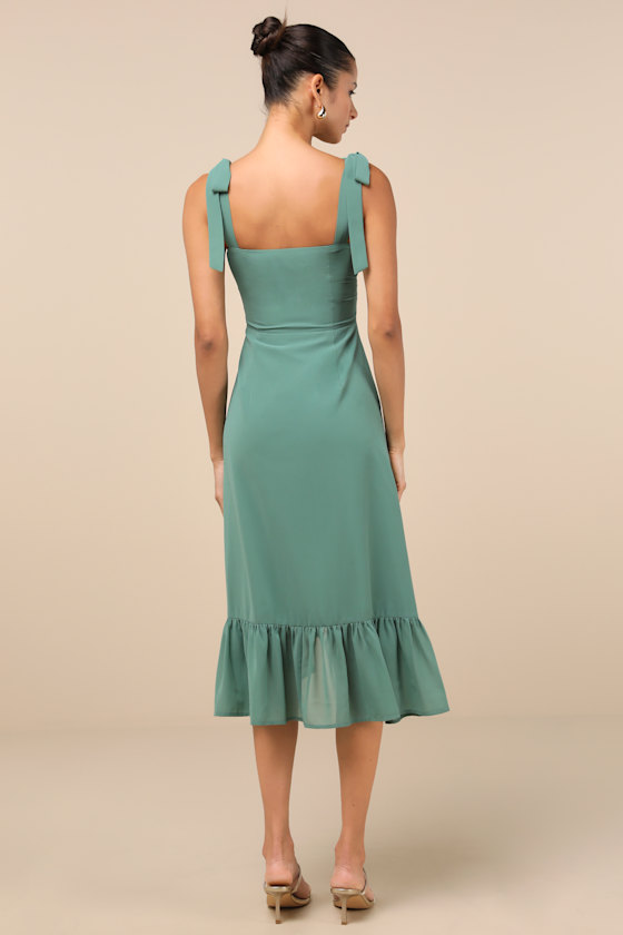 Lulus Tamryn Dark Sage Asymmetrical Ruffled Midi Dress In Green