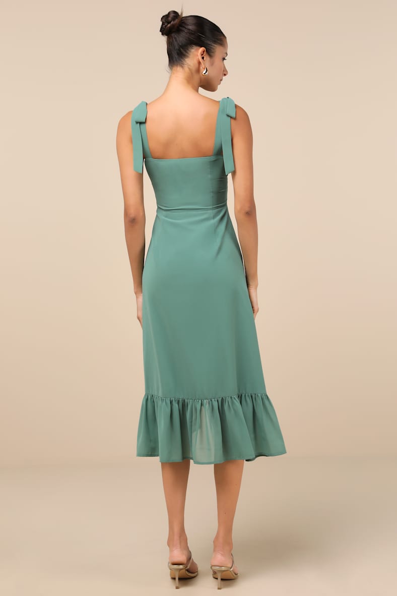 Tamryn Dark Sage Asymmetrical Ruffled Midi Dress