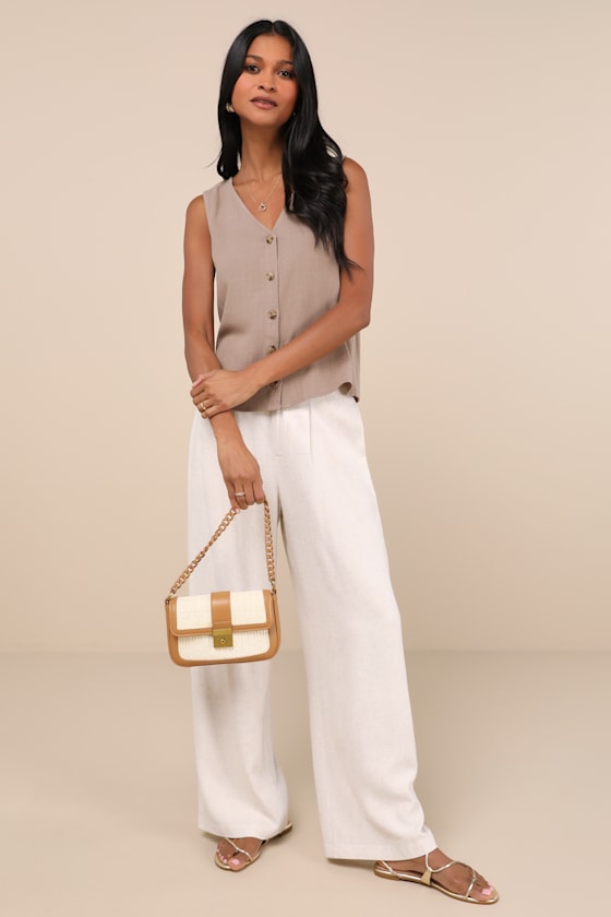 LULUS CASUALLY SOPHISTICATED BROWN LINEN SLEEVELESS BUTTON-FRONT TOP