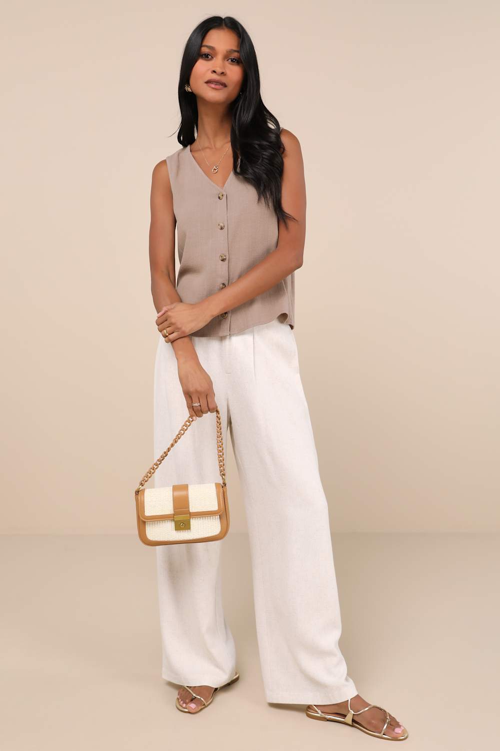 Casually Sophisticated Brown Linen Sleeveless Button-Front Top