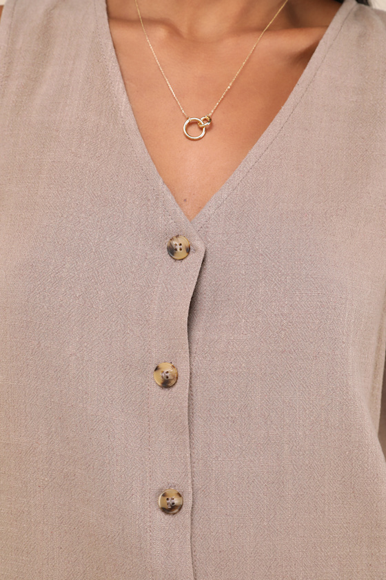 LULUS CASUALLY SOPHISTICATED BROWN LINEN SLEEVELESS BUTTON-FRONT TOP