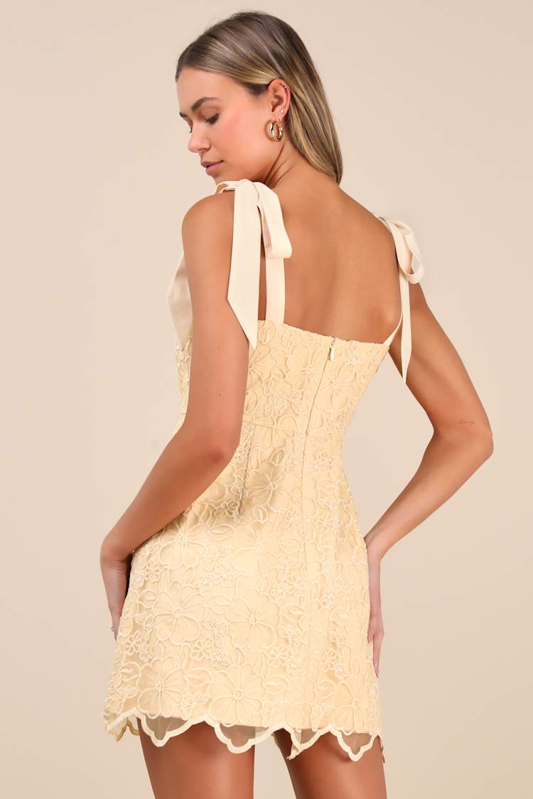 Lovable Aesthetic Light Yellow Embroidered Tie-Strap Mini Dress