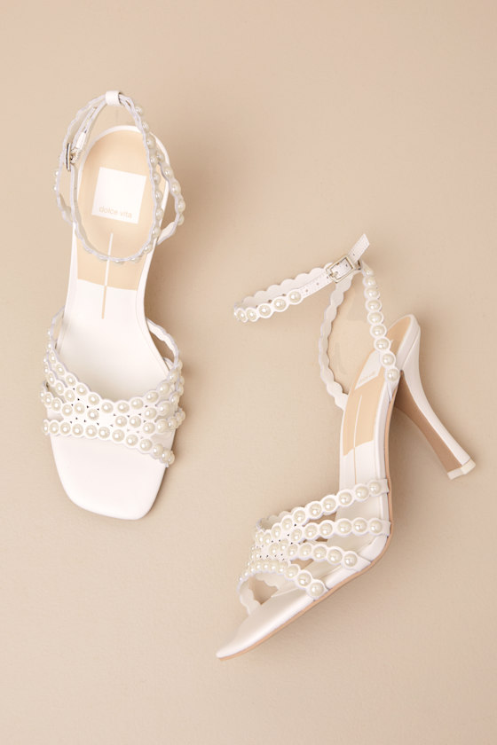 Dolce Vita Hellen White Pearl Ankle Strap High Heel Sandals In White