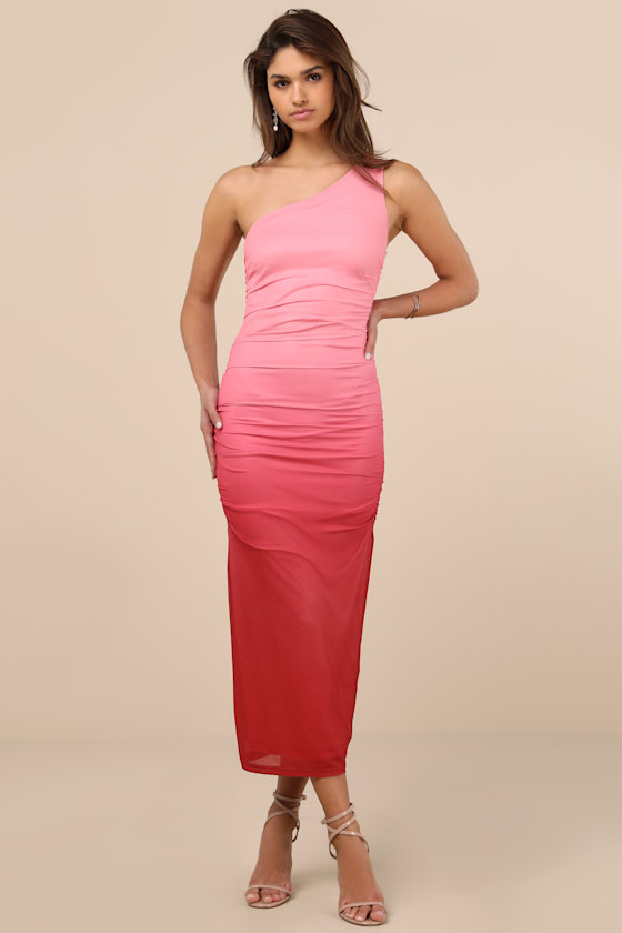 LULUS BEAUTIFUL PERCEPTION PINK OMBRE ONE-SHOULDER MESH MIDI DRESS