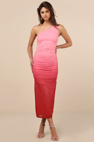 Beautiful Perception Pink Ombre One-Shoulder Mesh Midi Dress 1
