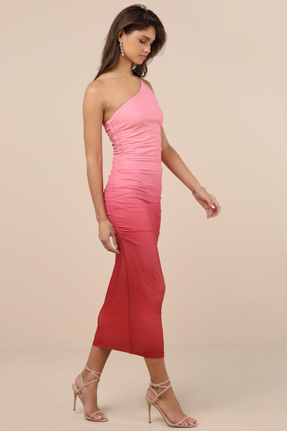 LULUS BEAUTIFUL PERCEPTION PINK OMBRE ONE-SHOULDER MESH MIDI DRESS