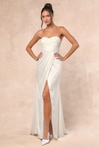 Heidy White Satin Beaded Strapless Maxi Dress 1