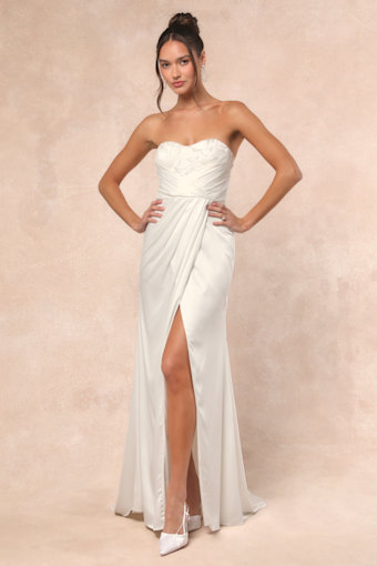 Heidy White Satin Beaded Strapless Maxi Dress 1
