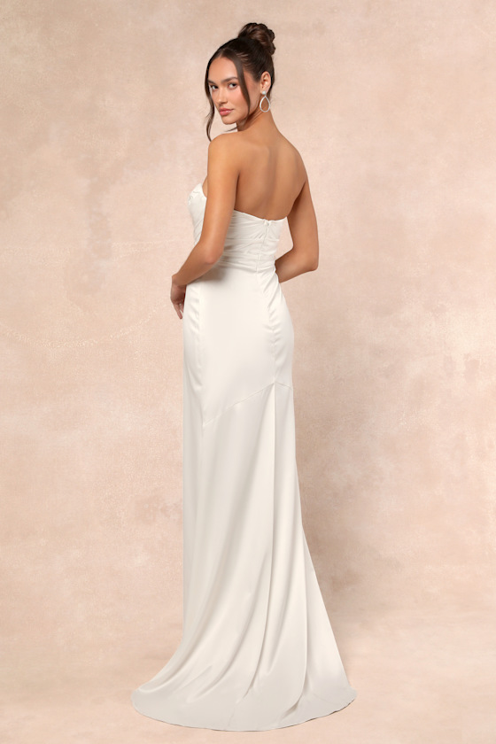 Lulus Heidy White Satin Beaded Strapless Maxi Dress In White