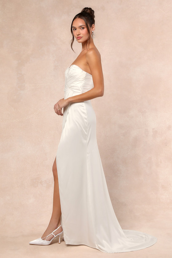 Lulus Heidy White Satin Beaded Strapless Maxi Dress In White