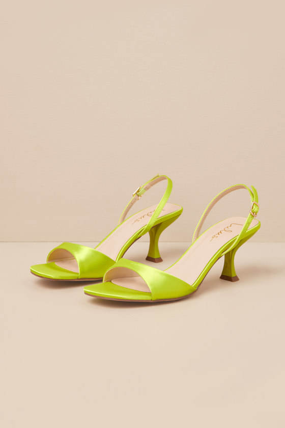 Lulus Soline Lime Satin Slingback Low Heel Sandals In Green