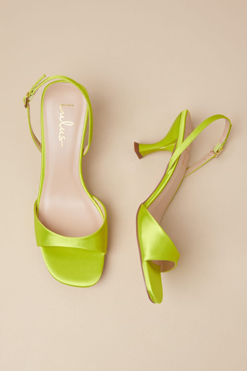 Lime Satin Sandals - Low Heel Sandals - Satin Slingback Sandals
