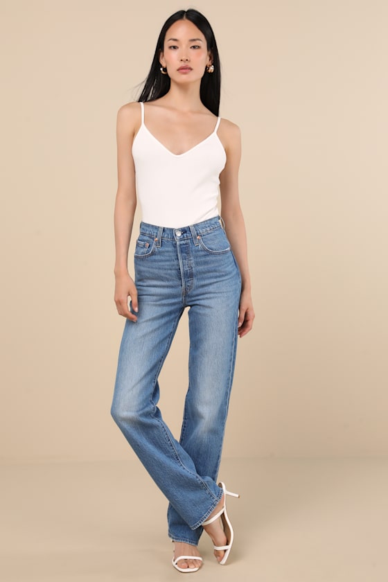 LEVI'S RIBCAGE MEDIUM WASH STRAIGHT LEG HIGH-RISE DENIM JEANS
