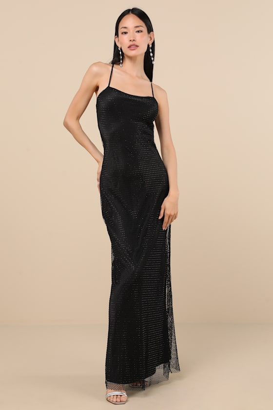 Lulus Maxxine Black Fishnet Rhinestone Column Maxi Dress In Black