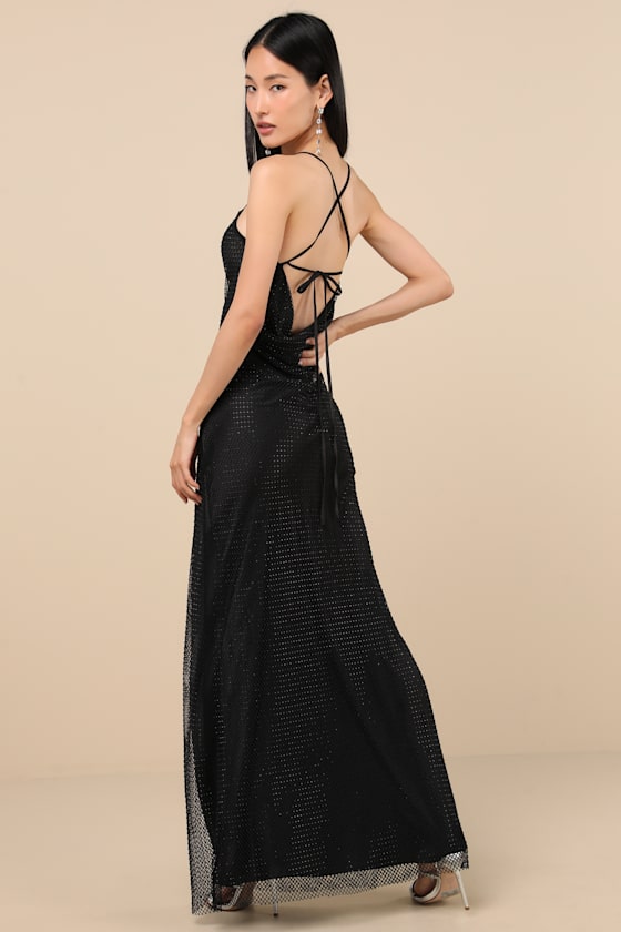 Lulus Maxxine Black Fishnet Rhinestone Column Maxi Dress In Black