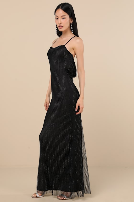 Lulus Maxxine Black Fishnet Rhinestone Column Maxi Dress In Black
