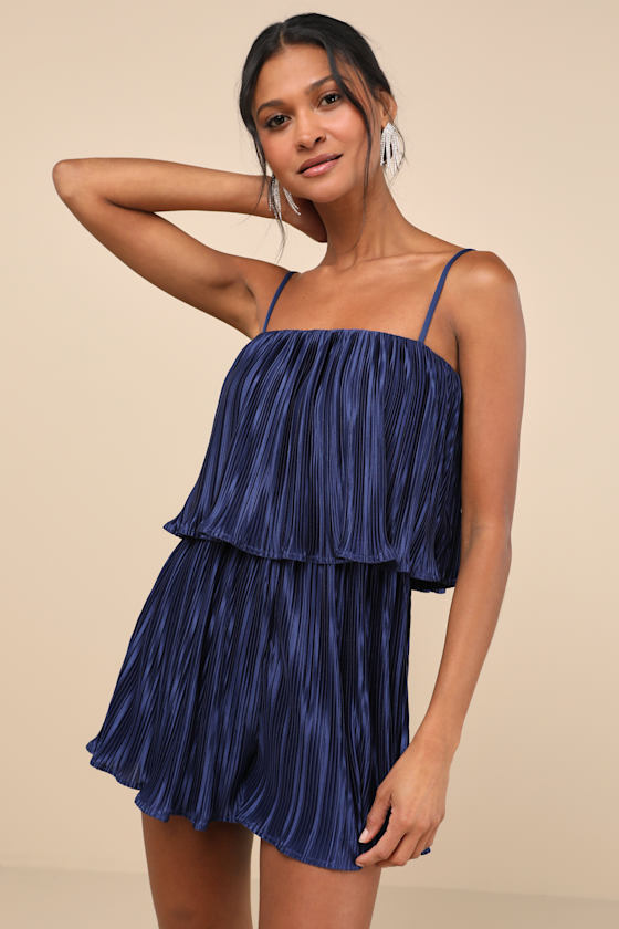 Lulus Fun Flirt Navy Blue Satin Plisse Sleeveless Romper In Navy Blue