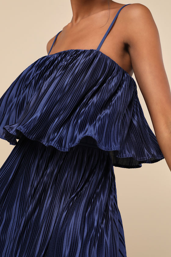 Lulus Fun Flirt Navy Blue Satin Plisse Sleeveless Romper In Navy Blue