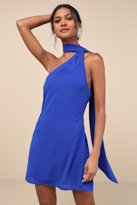 Isloda Blue One-Shoulder Backless Sash Mini Dress 5