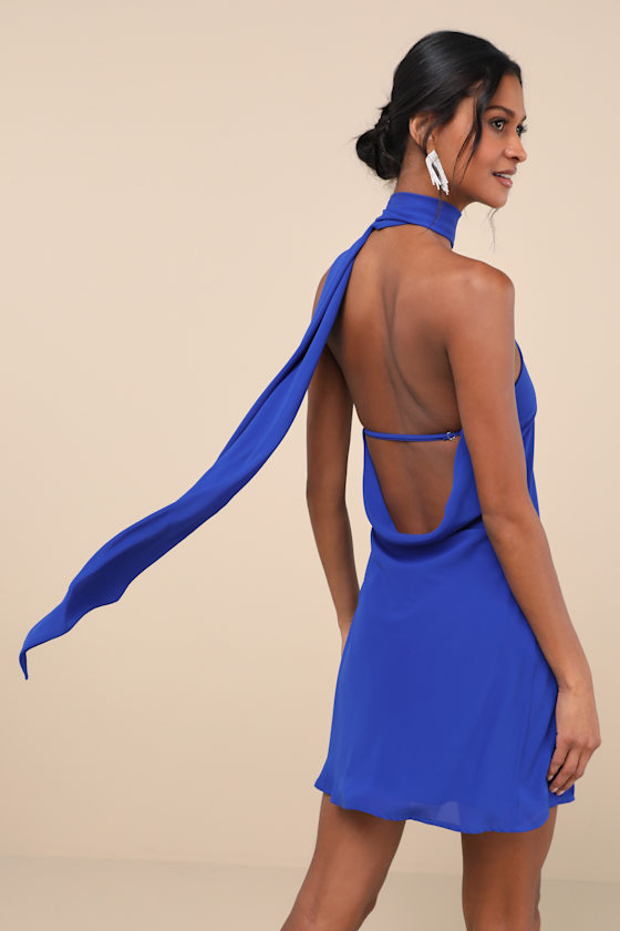 Lulus Isloda Blue One-shoulder Backless Sash Mini Dress In Blue