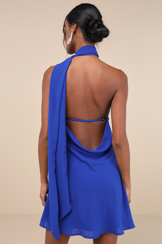 Lulus Isloda Blue One-shoulder Backless Sash Mini Dress In Blue